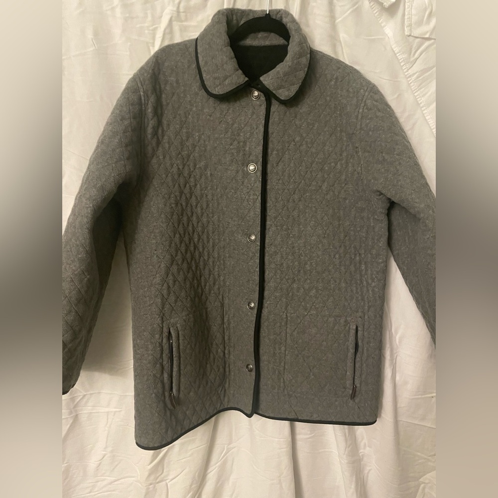 Women’s London Fog Quilted Button Down Jacket Reversible Black/Gray 22”
PTP
